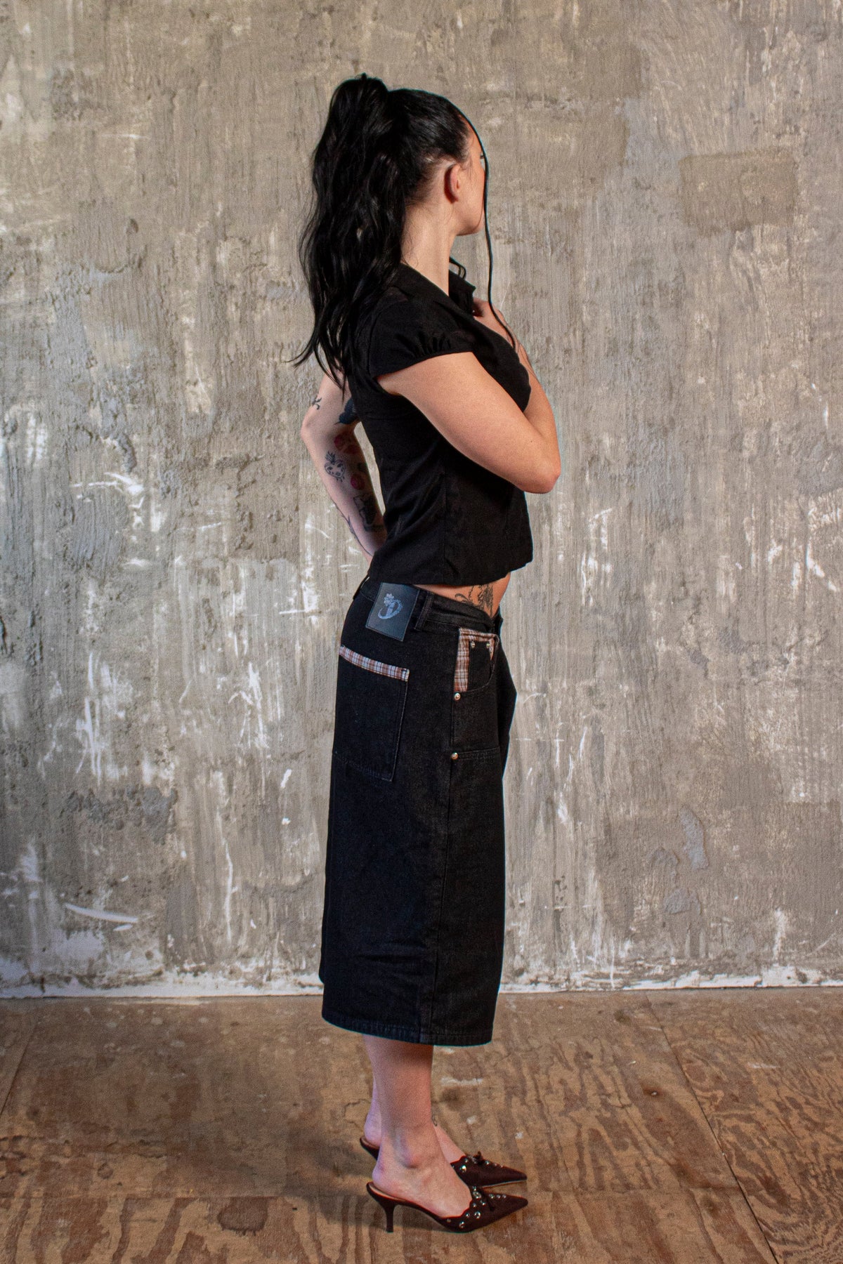 Black Double Knee Plaid Pocket Denim Jorts