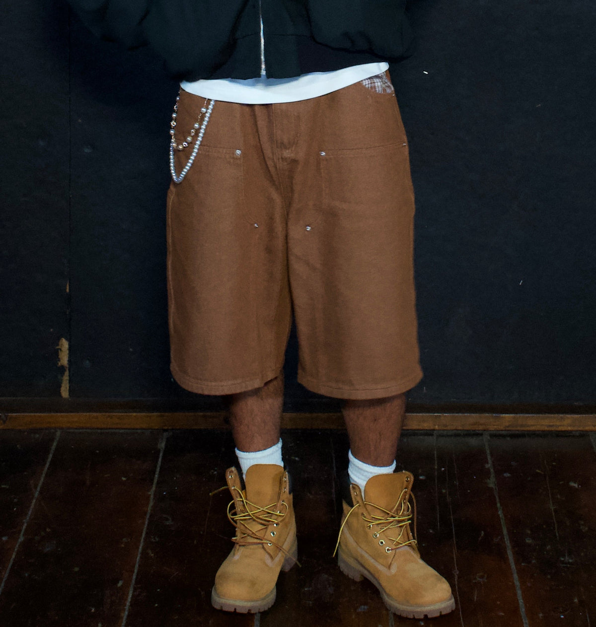 BROWN DOUBLE KNEE PLAID POCKETS DENIM JORTS