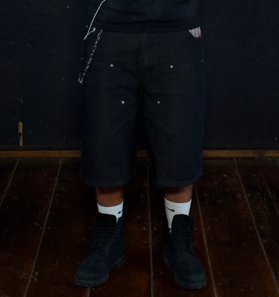 BLACK DOUBLE KNEE PLAID POCKETS DENIM JORTS