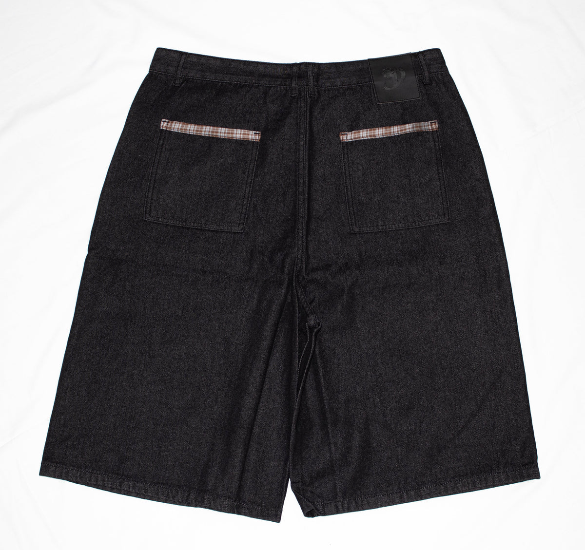 Black Double Knee Plaid Pocket Denim Jorts