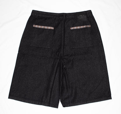 Black Double Knee Plaid Pocket Denim Jorts