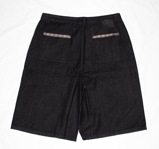 Black Double Knee Plaid Pocket Denim Jorts