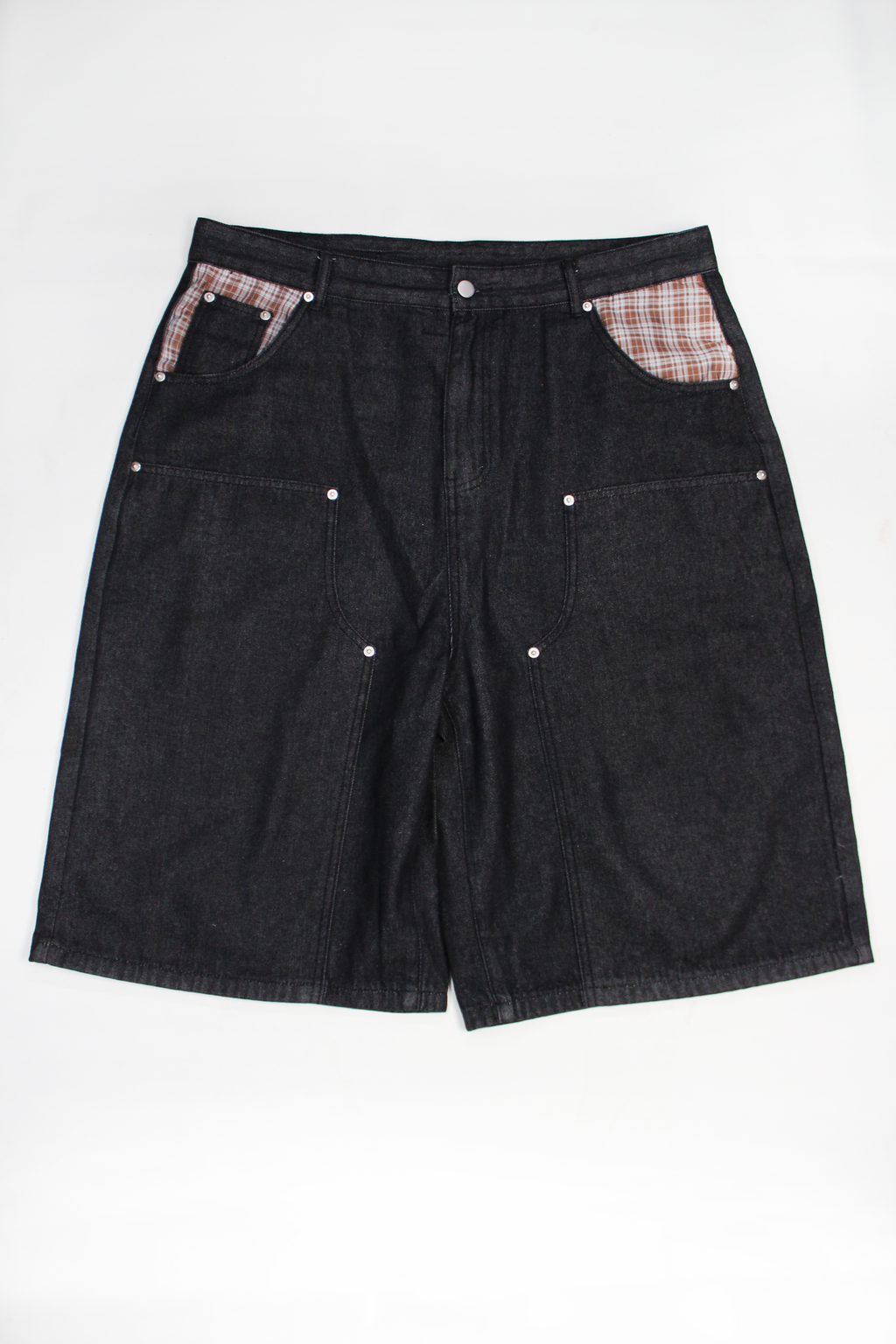 BLACK DOUBLE KNEE PLAID POCKETS DENIM JORTS