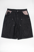 BLACK DOUBLE KNEE PLAID POCKETS DENIM JORTS