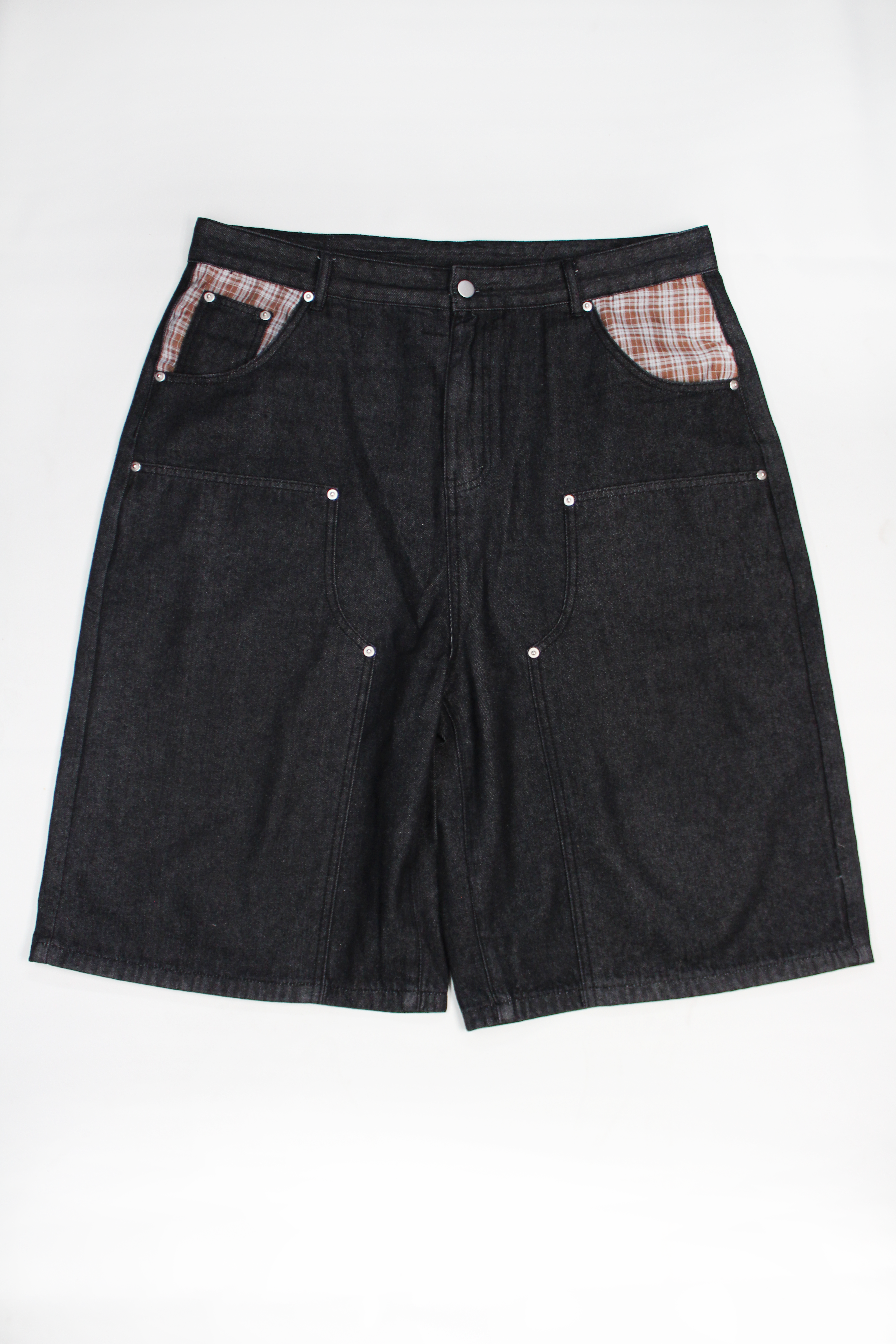 BLACK DOUBLE KNEE PLAID POCKETS DENIM JORTS