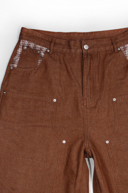 BROWN DOUBLE KNEE PLAID POCKETS DENIM JORTS