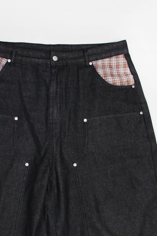 BLACK DOUBLE KNEE PLAID POCKETS DENIM JORTS