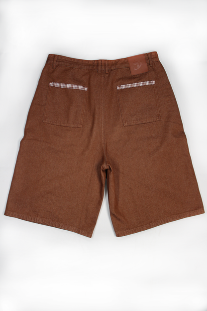 BROWN DOUBLE KNEE PLAID POCKETS DENIM JORTS