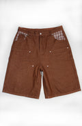 BROWN DOUBLE KNEE PLAID POCKETS DENIM JORTS