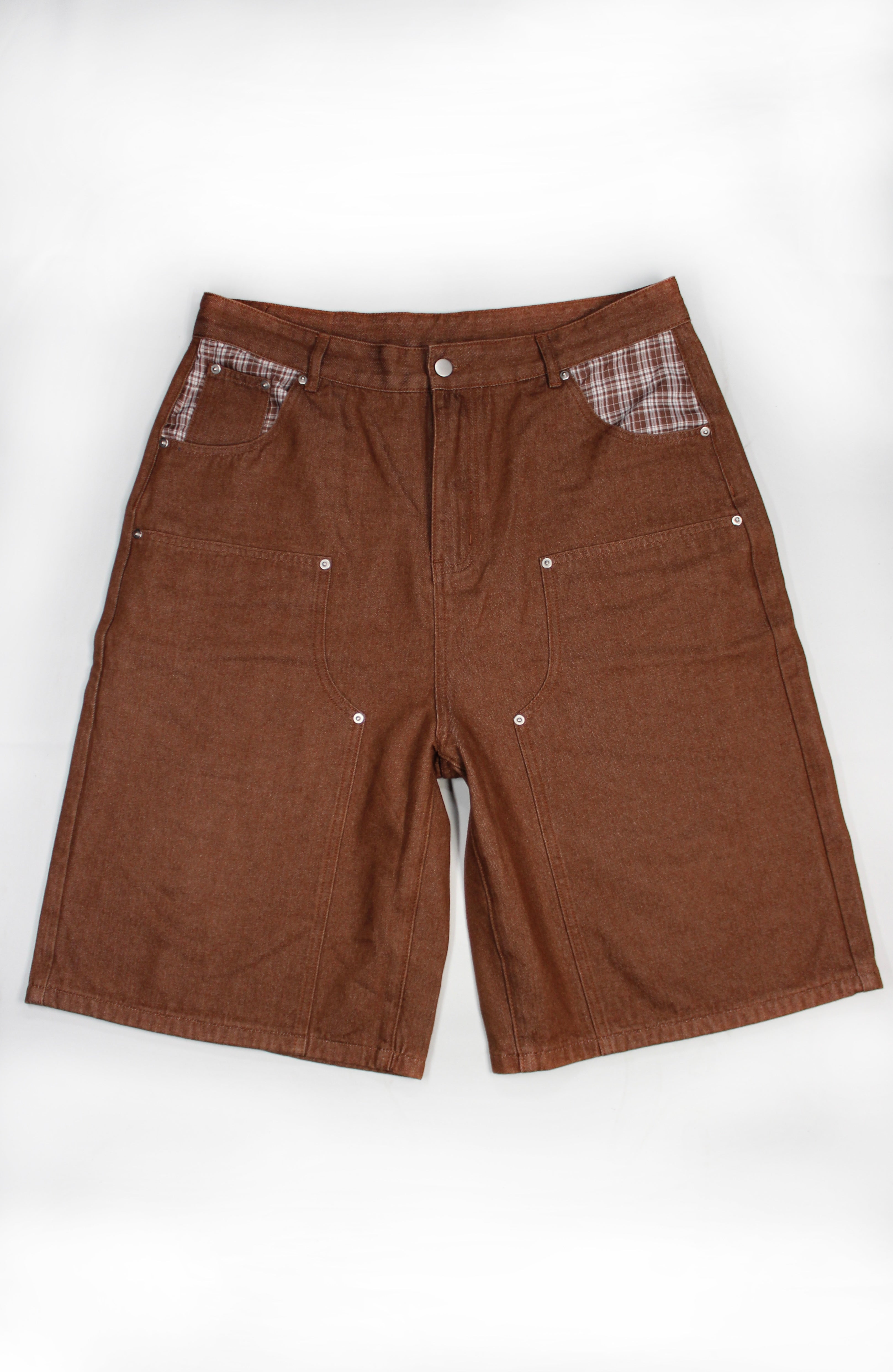 BROWN DOUBLE KNEE PLAID POCKETS DENIM JORTS