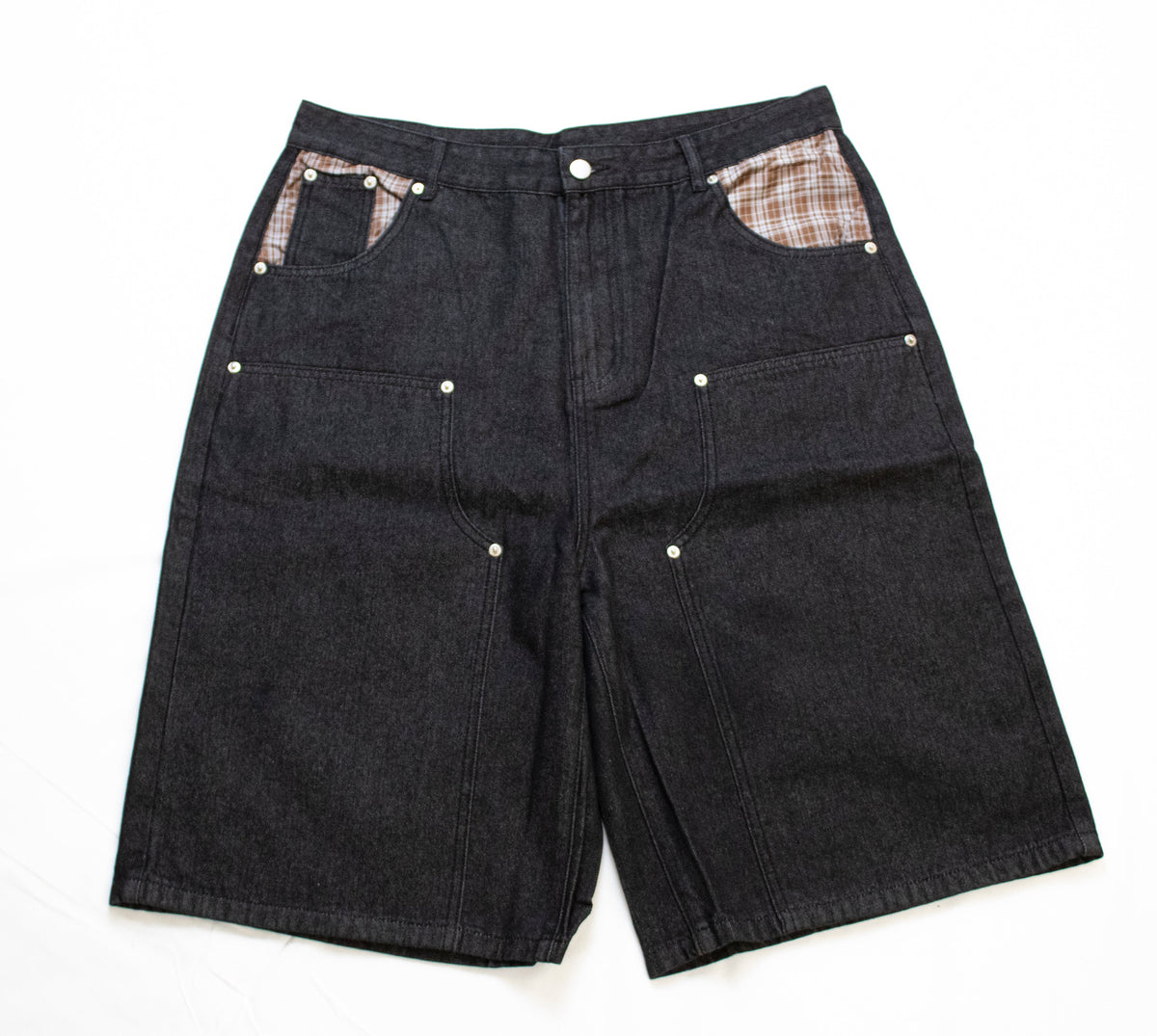 Black Double Knee Plaid Pocket Denim Jorts