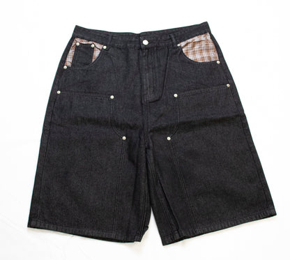 Black Double Knee Plaid Pocket Denim Jorts