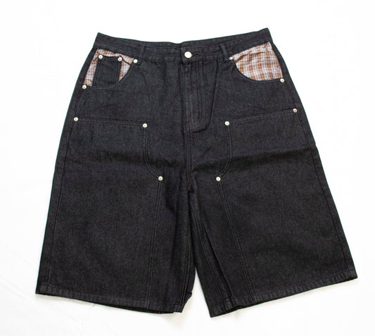 Black Double Knee Plaid Pocket Denim Jorts