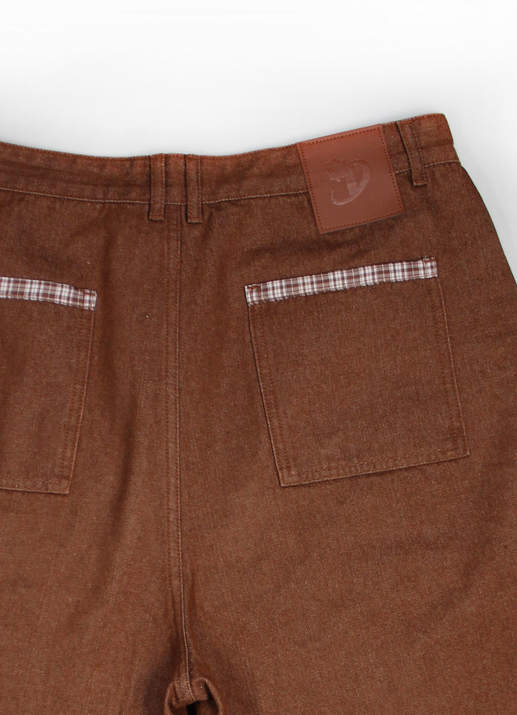 BROWN DOUBLE KNEE PLAID POCKETS DENIM JORTS