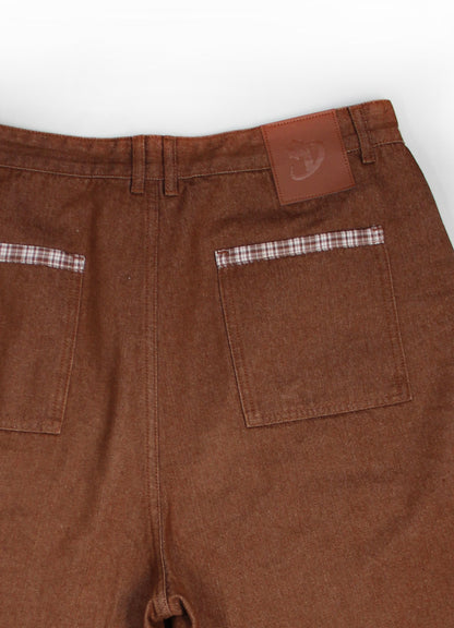 BROWN DOUBLE KNEE PLAID POCKETS DENIM JORTS